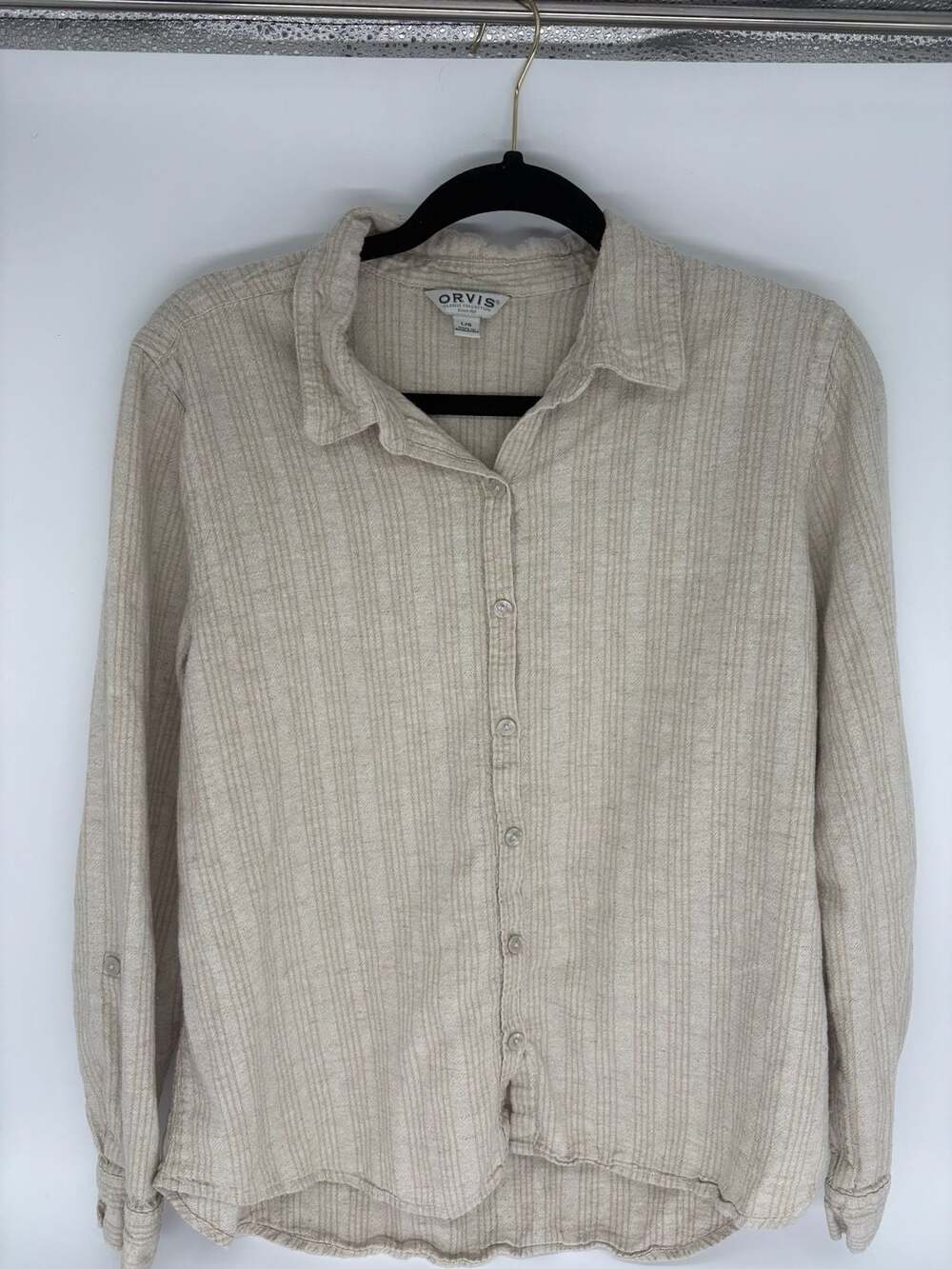 Orvis Classic Collection Women's Beige Striped Linen Blend Shirt L